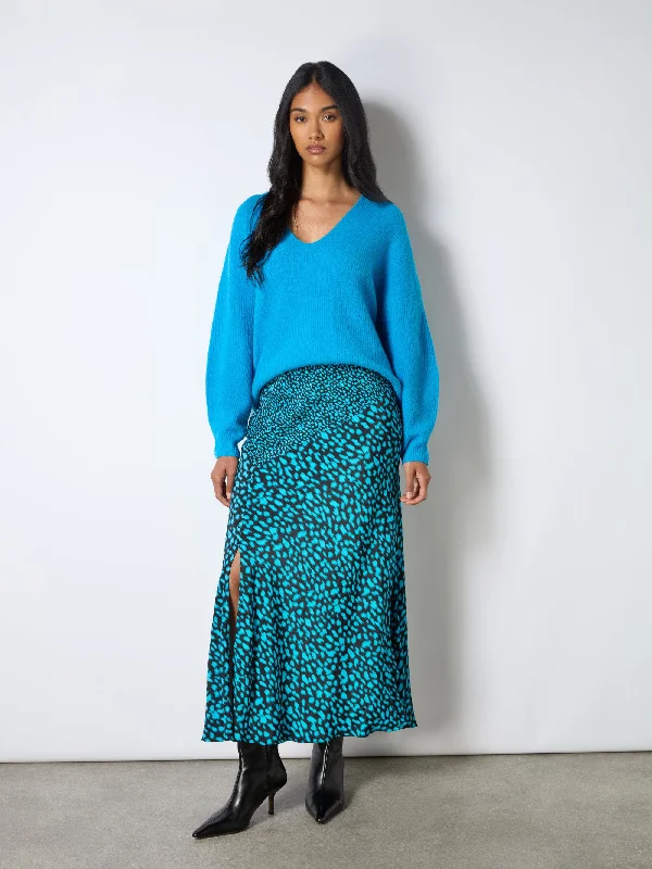 Blue Dash Print Contrast Panel Skirt linen skirt natural