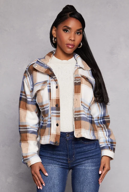 Plaid Snap Button Zip Front Shacket Puff Sleeve Blouse