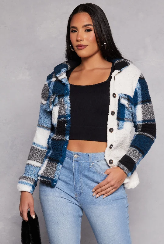 Plaid Sherpa Shacket Silky Draped Blouse