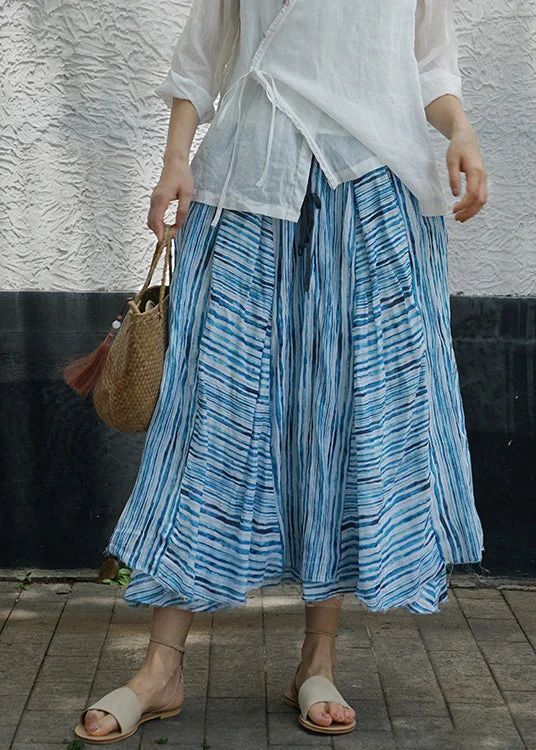 Boho Blue asymmetrical design Striped Patchwork Linen Skirt Spring denim skirt stylish