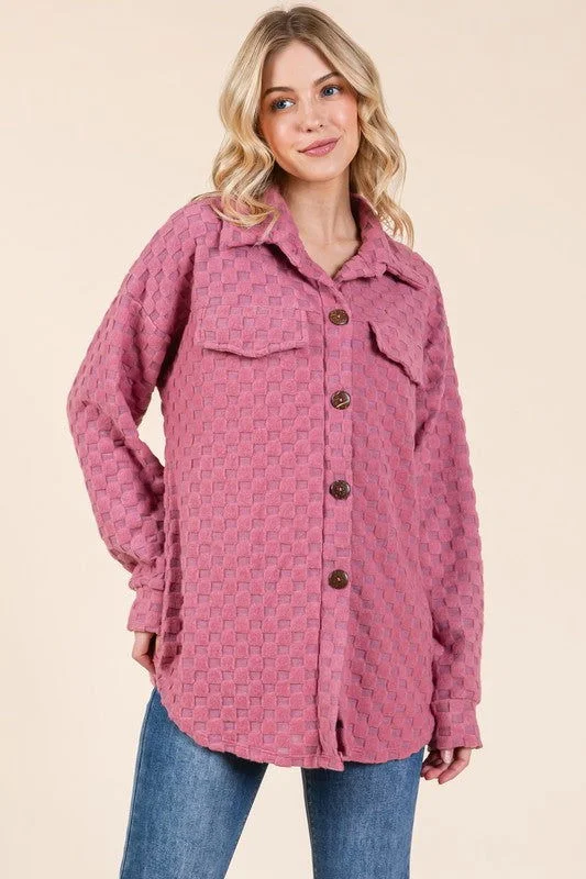 BOMBOM Checkered Button Down Dropped Shoulder Shacket - Rose Side Tie Blouse