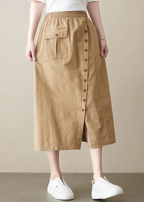 Boutique Khaki Asymmetrical side open elastic waist Button Linen Skirt Spring boho skirt vibe