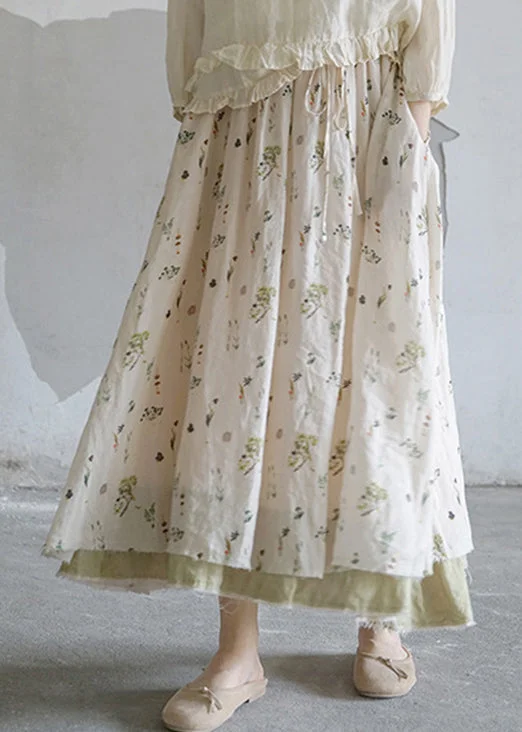 Brief White elastic waist drawstring Print Linen Skirts Spring velvet skirt luxury