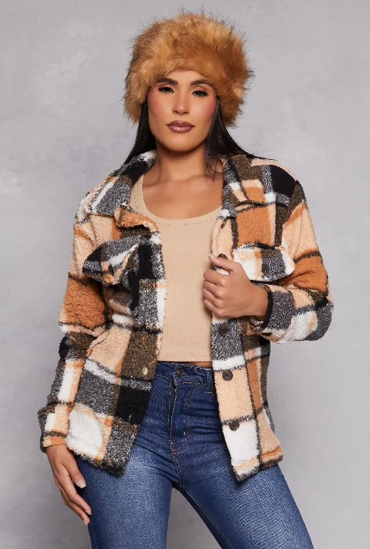 Plaid Sherpa Button Front Shacket Romantic Lace Blouse