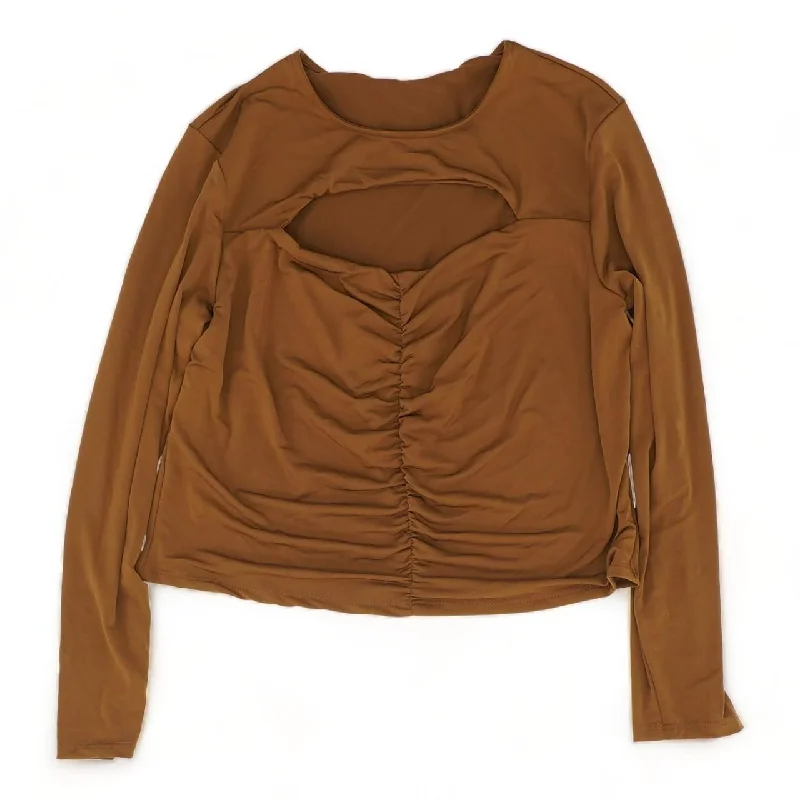 Brown Solid Long Sleeve Blouse Wrap Front Blouse