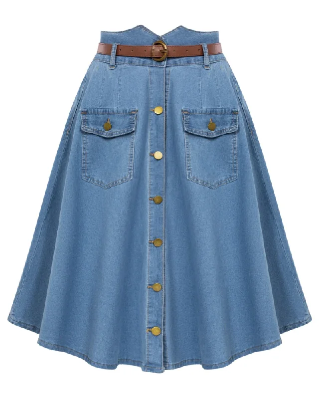 Button-up Skirt with Belt High Waist Flared A-Line Jean Skirt lace skirt intricate