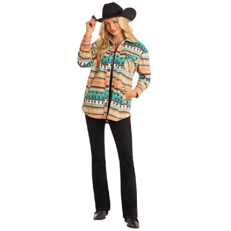 BW92C05212 Rock & Roll Women's Aztec Fleece Shacket - Turquoise Elegant Semi-Sheer Blouse