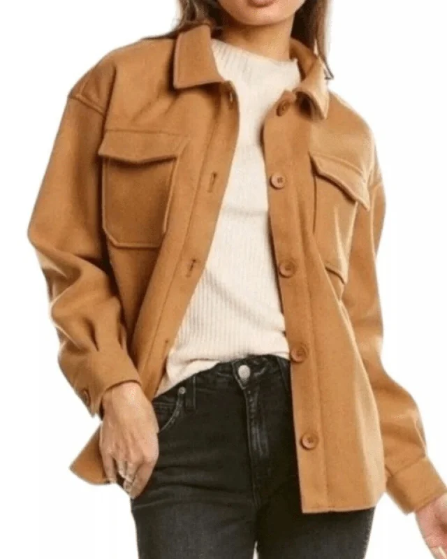 Camel Tan Button Up Shacket Ruched Sleeve Blouse