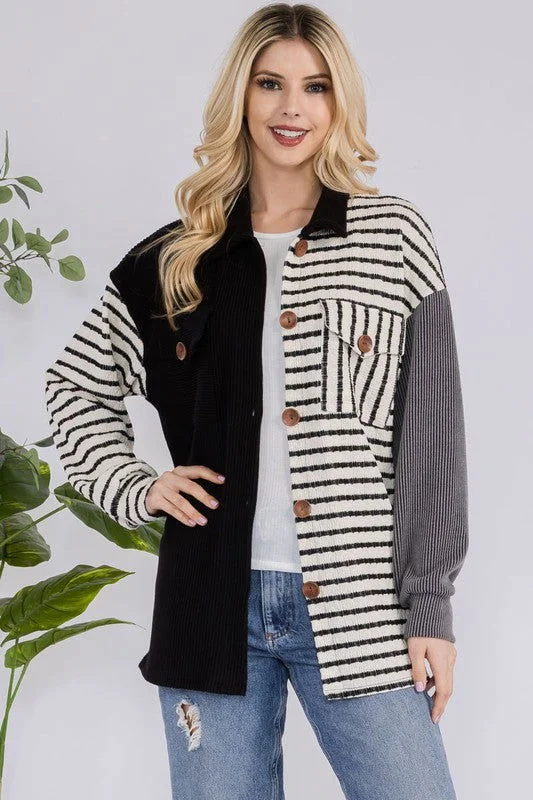 Celeste Striped Button Up Dropped Shoulder Shacket - Black Chic Wrap Blouse