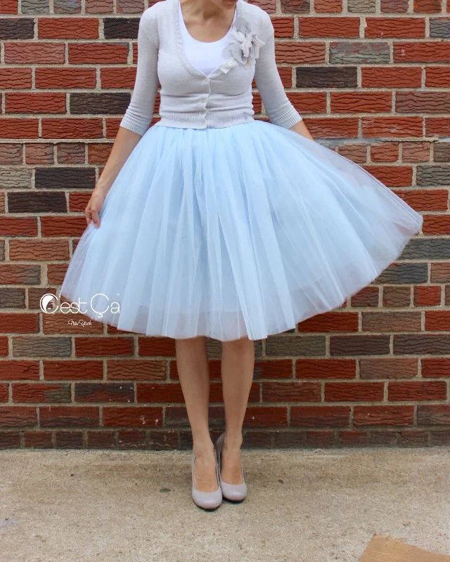 Clarisa Blue Gray Tulle Skirt - Midi leather skirt sleek