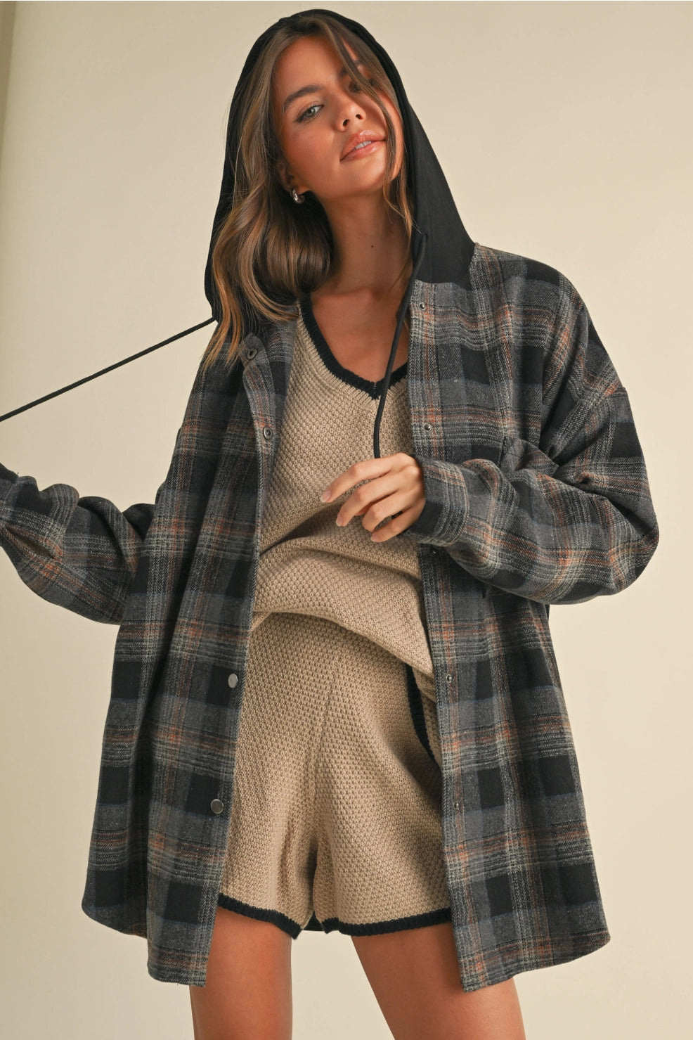 Contrast Plaid Hooded Shacket Sweetheart Neck Blouse