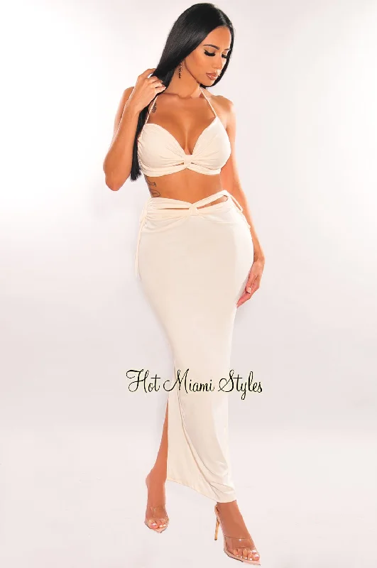 Cream Cut Out Knotted Midi Skirt Two Piece Set ruffled skirt detail