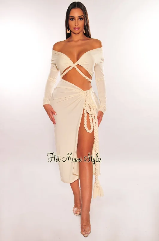 Cream Long Sleeve Wrap Around Twist Rope Skirt Two Piece Set vintage skirt charm