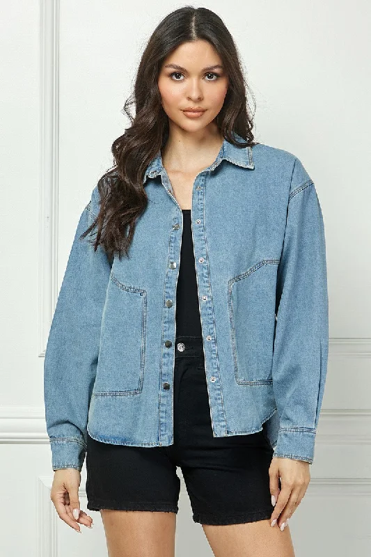 DENIM BLUE COLLARED LONG SLEEVES BUTTON DOWN SHACKET TOP AVB10588N Boho Chic Blouse