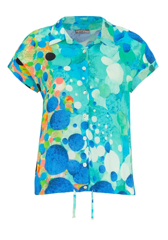 Dolcezza Fish Mosaic Drawstring Hem Blouse, Blue Peter Pan Collar Blouse