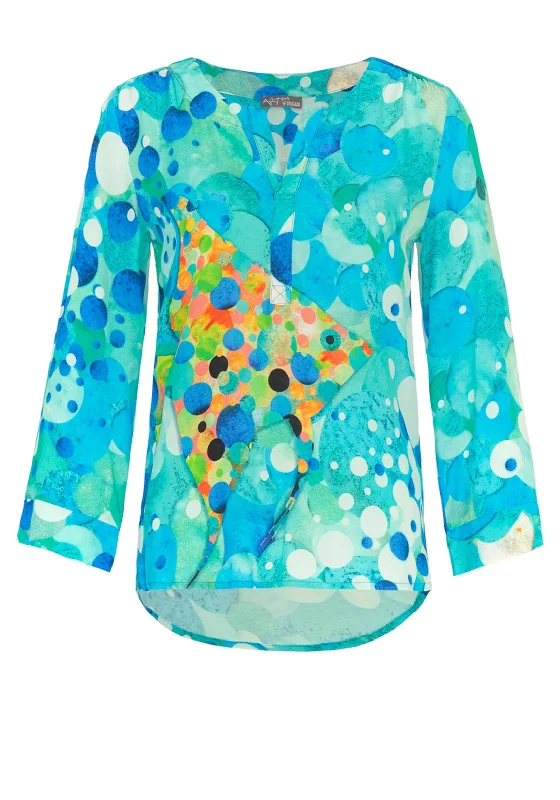 Dolcezza Fish Mosaic V-Neck Blouse, Blue Polished Work Blouse