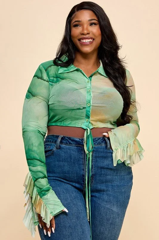 Eboni mesh green crop blouse Mandarin Collar Blouse