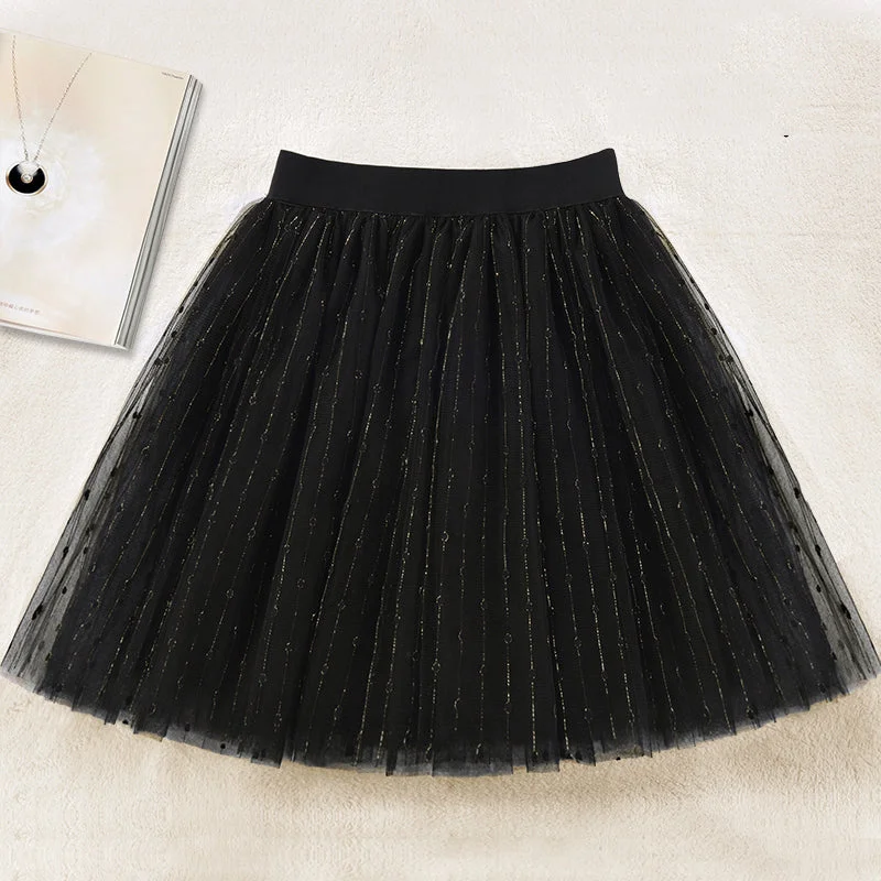 Elegant Black A Line tulle Sequins Skirts Summer lace skirt romantic