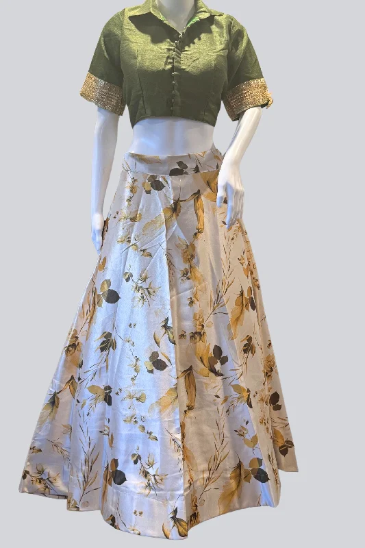 Elegant Printed Lehenga with Taffeta Silk Blouse and Dupatta Collared Satin Blouse