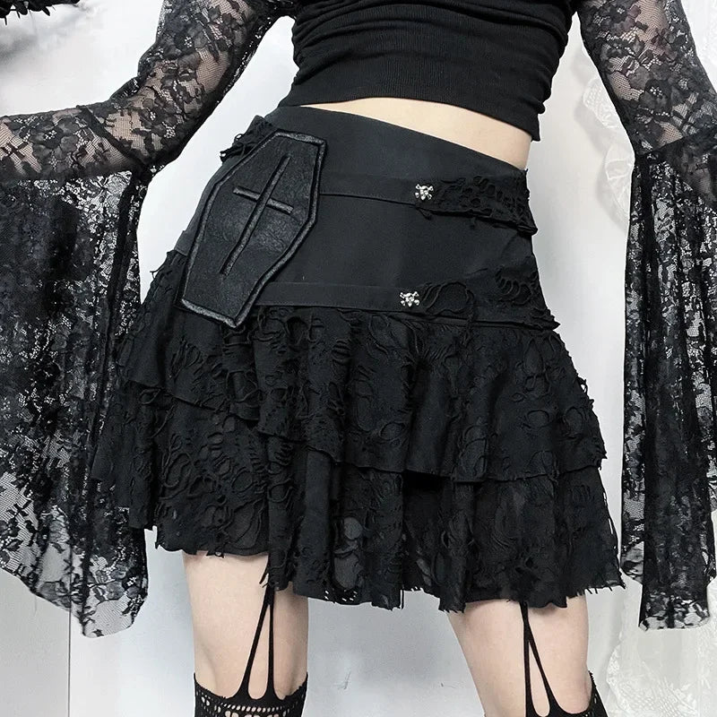 Gothic Style Sexy Lace Cake for Summer 2024 Women with Versatile Ripped Hole Fabric Skirt slim fit skirt