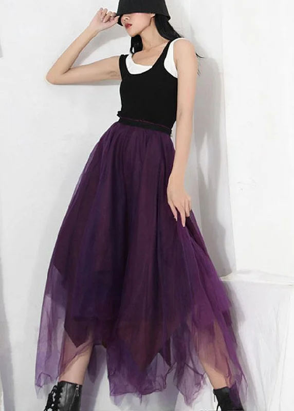 Fitted Purple Patchwork Summer Skirt Tulle Asymmetrical midi skirt versatile