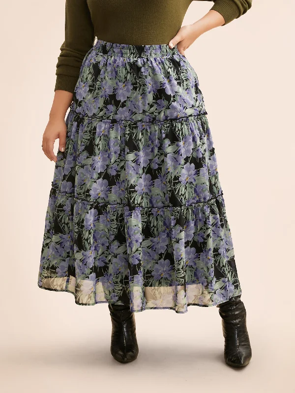 Floral Ruffle Layered Hem Skirt wool skirt warm