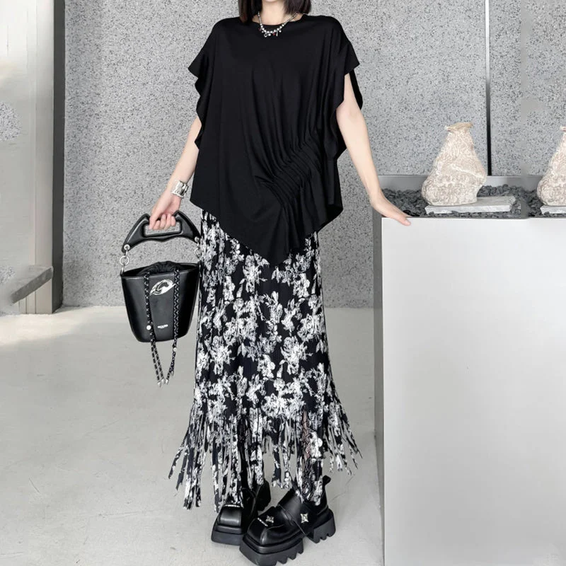 Fringed Mid-Length Pleated Floral Skirt denim skirt stylish