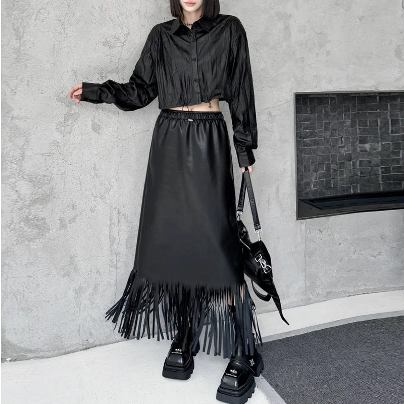 Fringed PU Leather Skirt high waist skirt