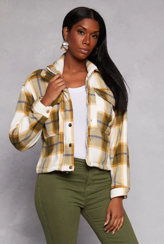 Plaid Snap Button Zip Front Shacket Slim Fit Blouse