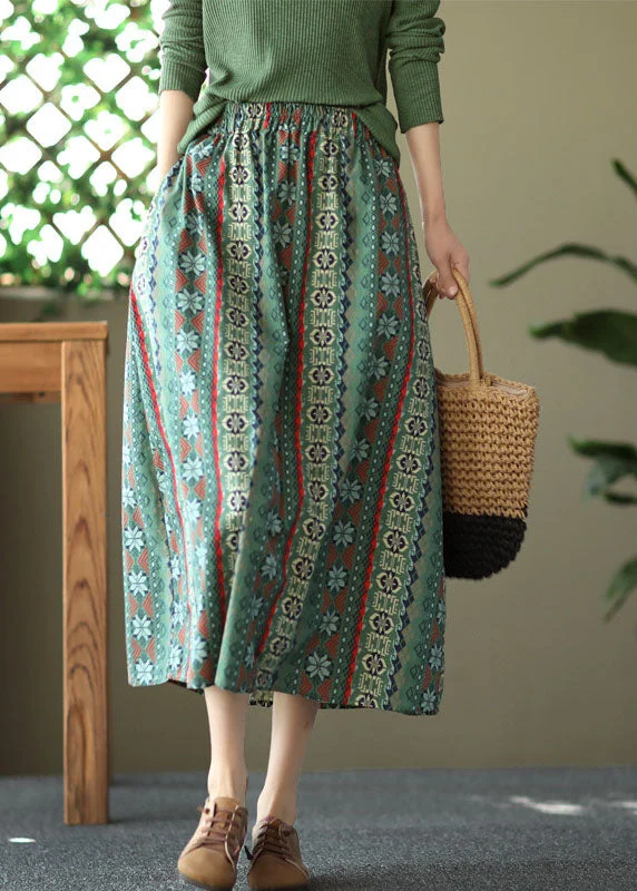 Green Pockets Print Linen Skirts High Waist Summer floral skirt print