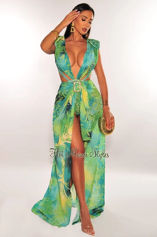 Green Tropical Print Plunge Studded Maxi Skirt Two Piece Set velvet skirt plush