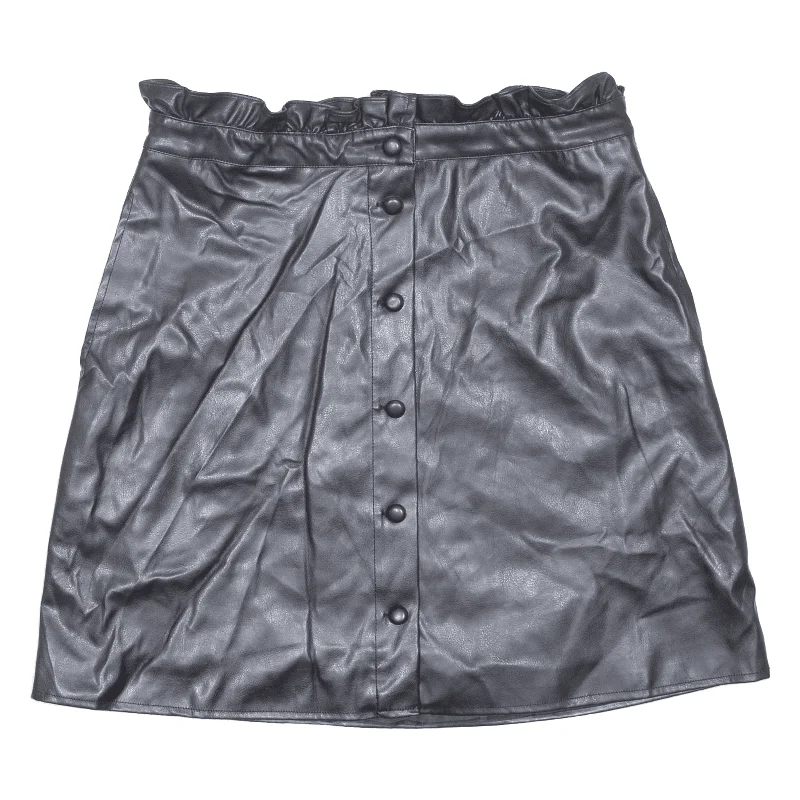 HALLY'S Faux Leather Button Up Frill Short Straight Skirt Black Womens L linen skirt breathable