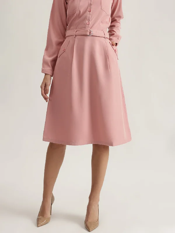 Iconic Women Pink Solid Flared A-Line Skirt belted skirt waist