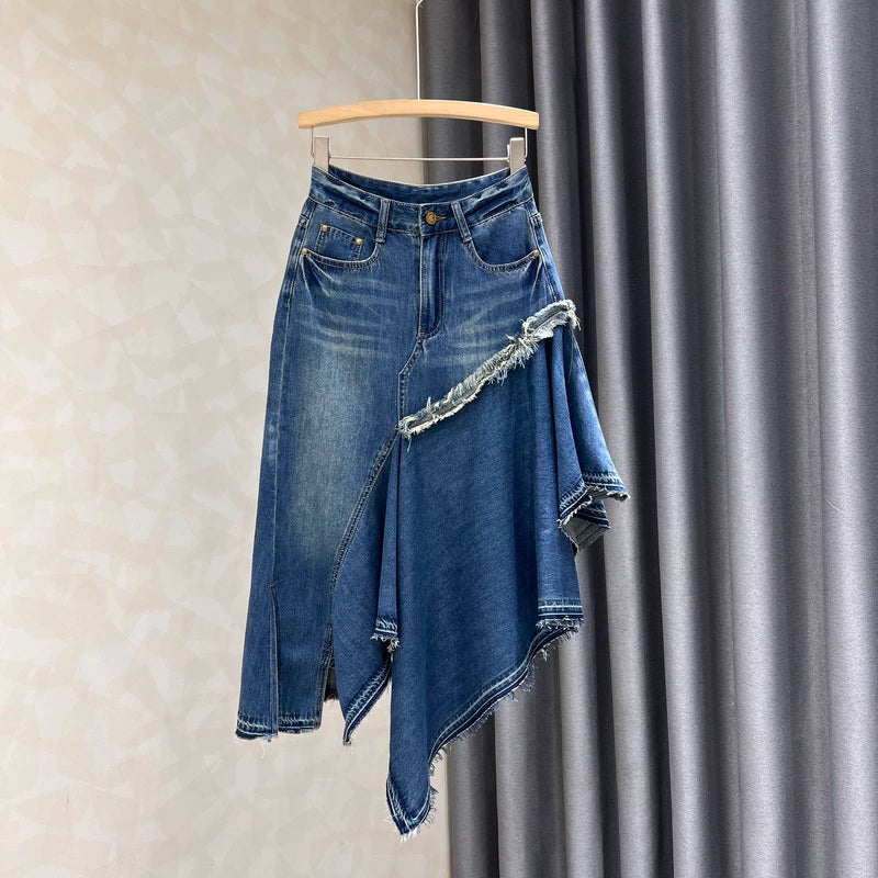 Irregular Patchwork Denim Skirt silk skirt lustrous