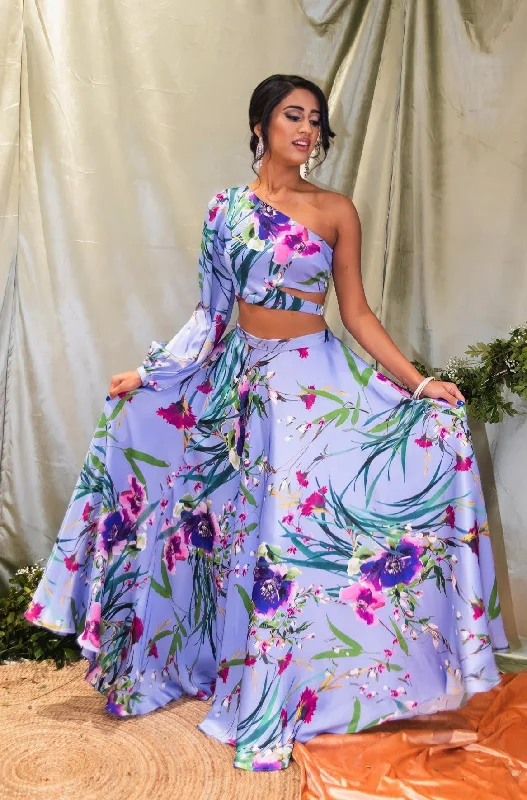 JANISHA Periwinkle Floral Satin Lehenga Skirt mini skirt trendy