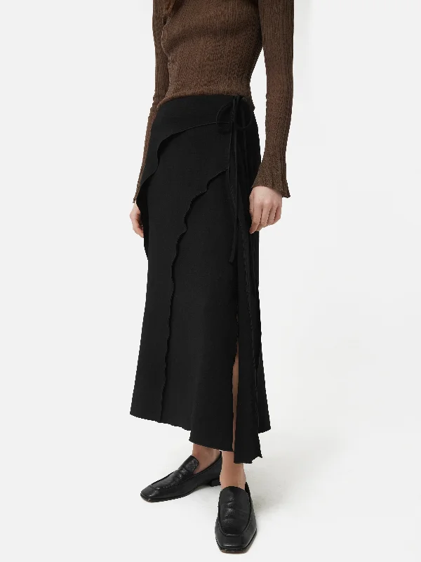 Japanese Crepe Seamed Skirt | Black wrap skirt elegant