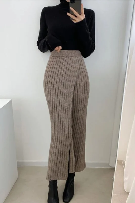 Khaki Ribbed Knit High Waist Long Skirt ruffled skirt detail