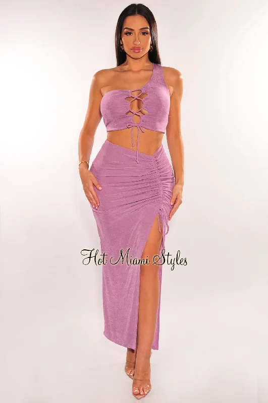 Lavender One Shoulder Lace Up Slit Skirt Two Piece Set silk skirt luxurious