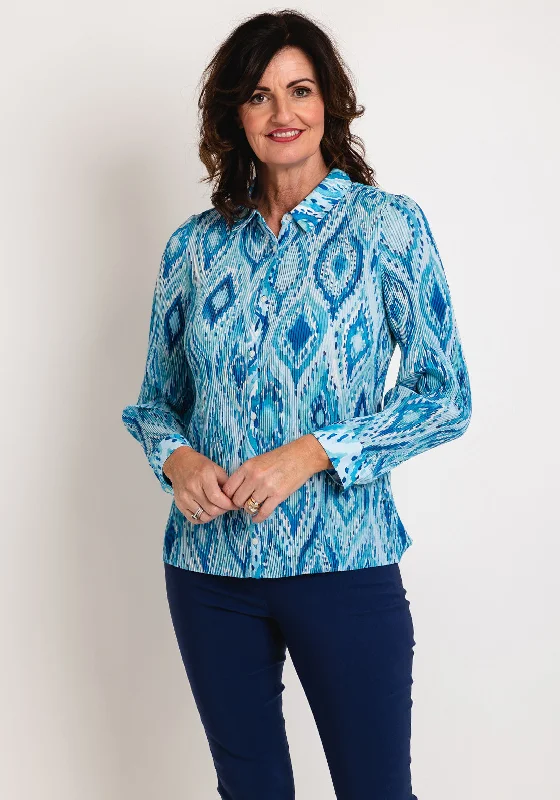 Leo & Ugo Ogee Print Plisse Stretch Blouse, Blouse Collared Satin Blouse