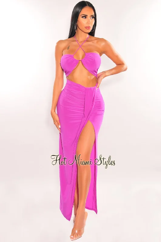 Magenta Halter Keyhole Knotted Slit Skirt Two Piece Set velvet skirt luxurious