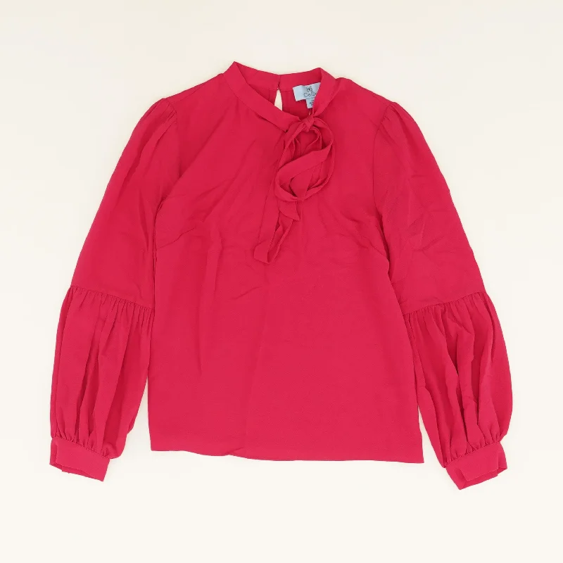 Magenta Solid Long Sleeve Blouse Ruffled Neck Blouse