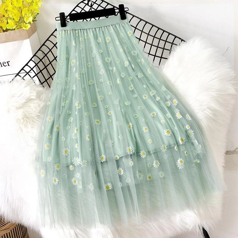 Mesh Skirt, Small Daisy Floral High Waist Thin A-line Skirt 3-layer Mid-length Pleated Skirt Large Skirt Ladies Mesh Skirt Print Decoration chiffon skirt airy