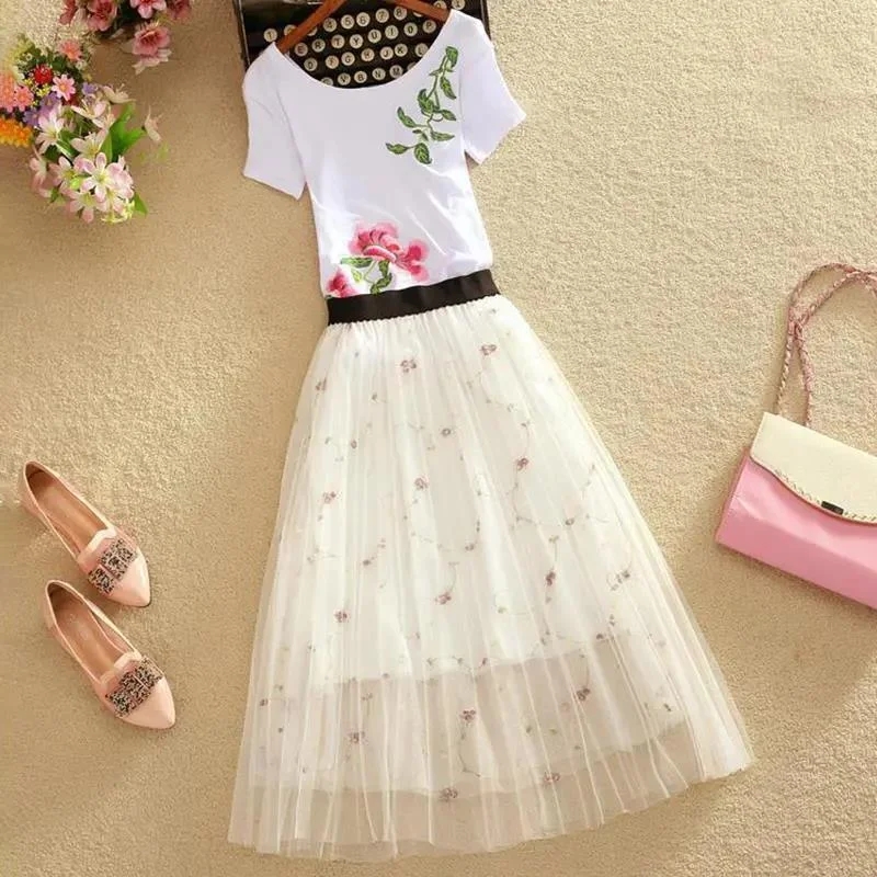 Mesh Small Floral Lace Skirt Embroidered Pleated Skirt Thin Gauze Skirt Mid-length Female A-line Skirt Thin Mesh Skirt for Women high slit skirt