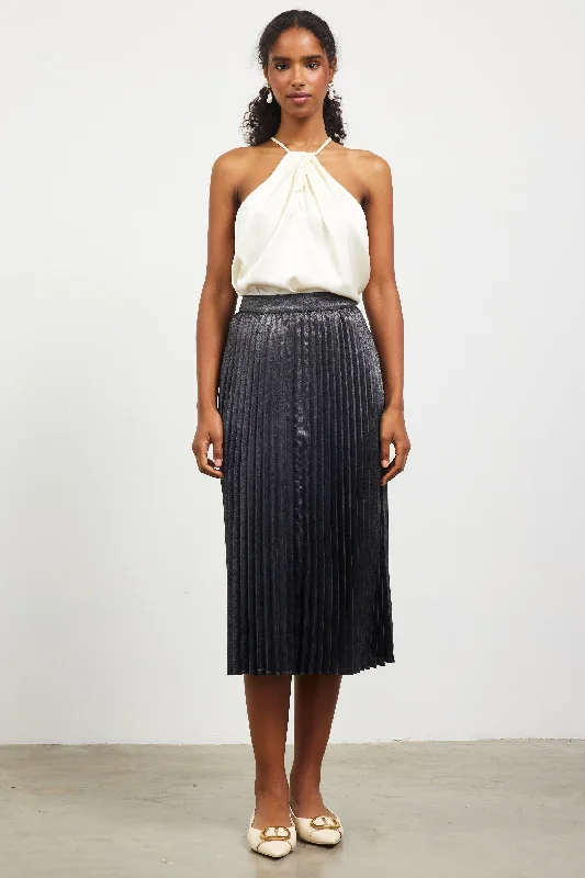 Metallic Foil Pleated Midi Skirt chiffon skirt airy