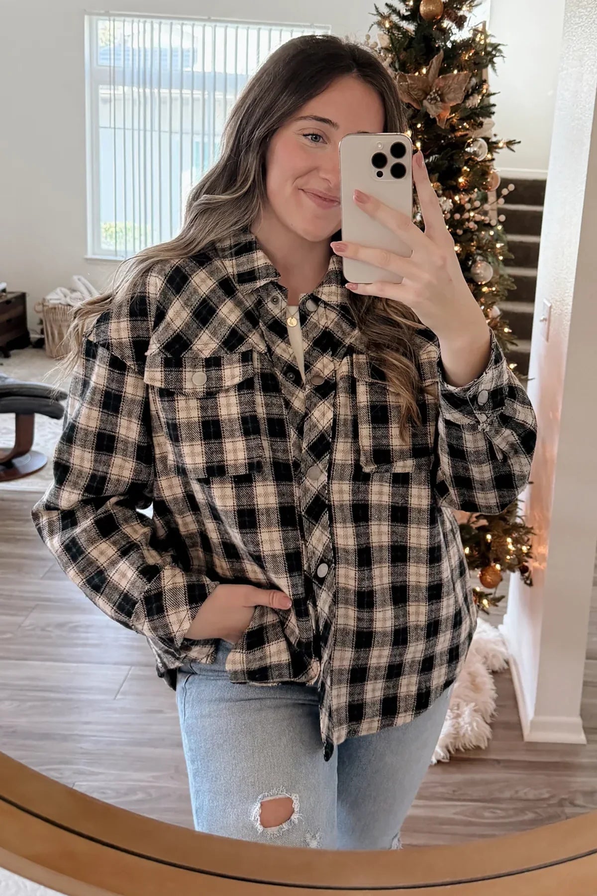 Oversize Hip Length Plaid Shacket Classic White Blouse