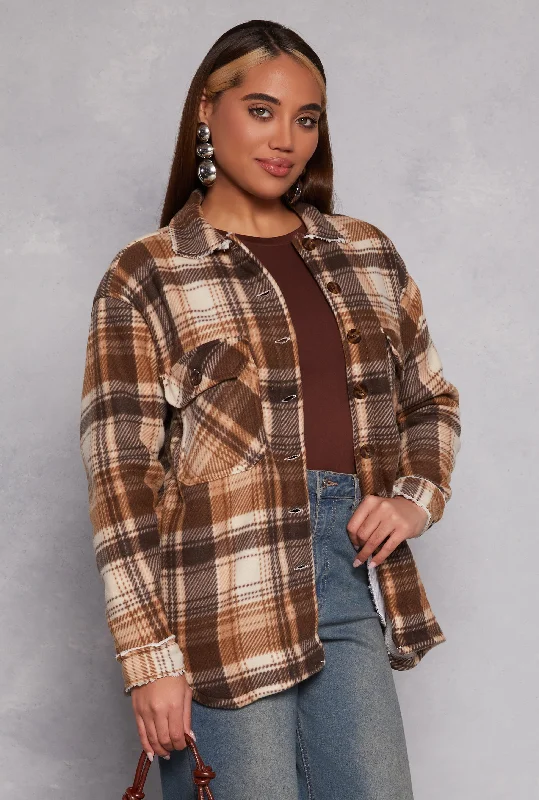 Plaid Sherpa Lined Button Front Shacket Loose Oversized Blouse