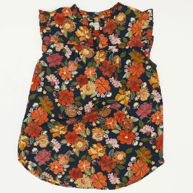 Navy Floral Sleeveless Blouse Modern Work Blouse