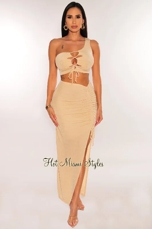Nude Shimmery One Shoulder Lace Up Slit Skirt Two Piece Set linen skirt airy