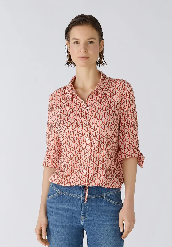 Oui Heart Pattern Silk Touch Blouse, White & Red Oversized Silk Blouse