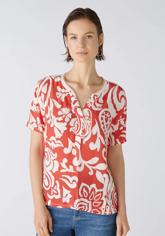 Oui Pattern Mix Tunic Blouse, Red & White Textured Cotton Blouse